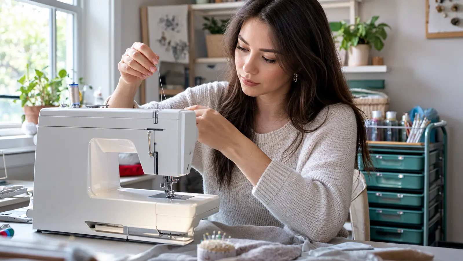 A woman at a craft table threading a heavy duty sewing machine from a spool on top
