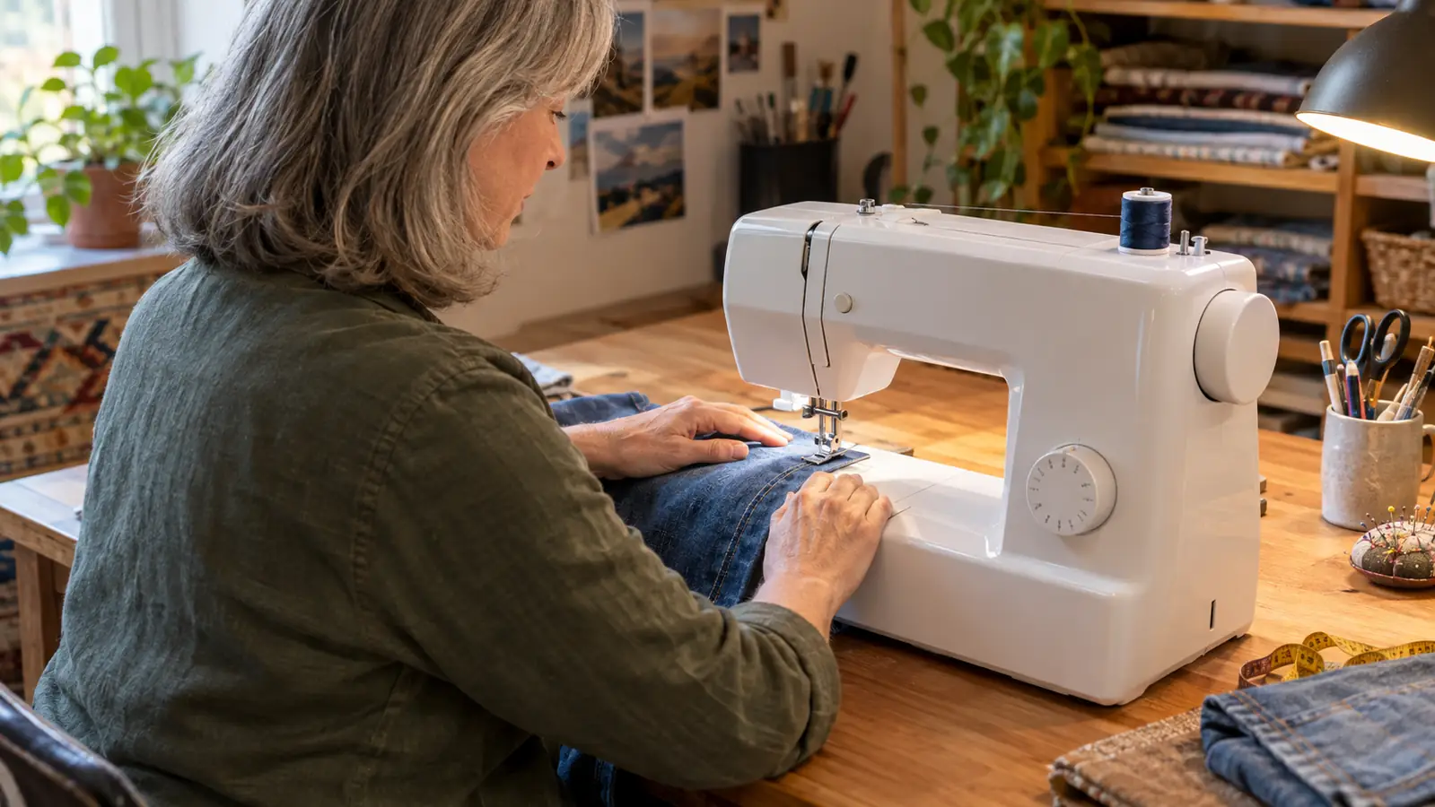 A woman at a craft table guiding fabric through a sewing machine while the machine sews a straight seam