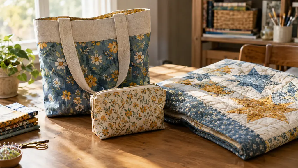 A stack of finished sewing projects on a craft table, including a tote bag, a zippered pouch, and a small quilt