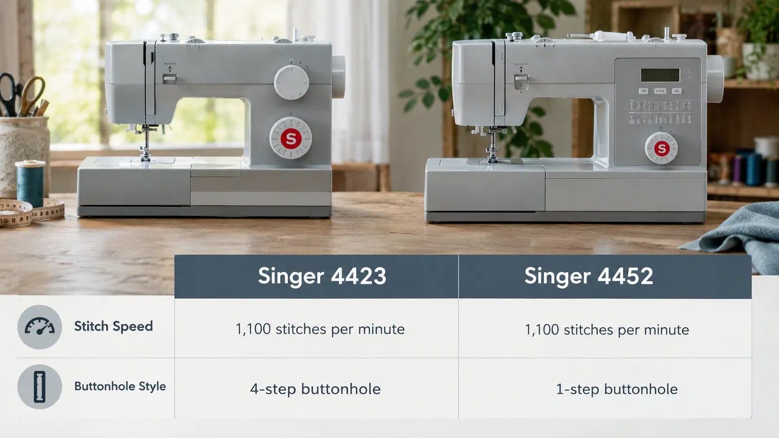 A simple chart comparing stitch speed and buttonhole style between two sewing machines